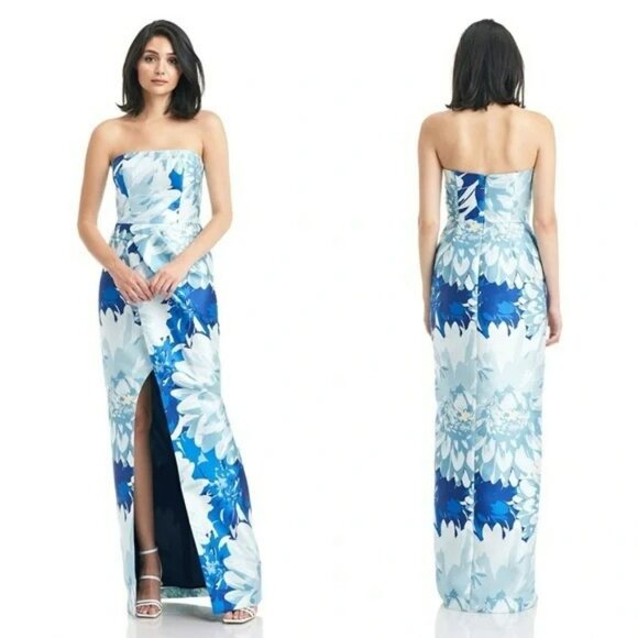 Kay Unger Evening Lucienne Strapless Column Gown Blue Floral Wedding Guest 2 - Picture 1 of 12